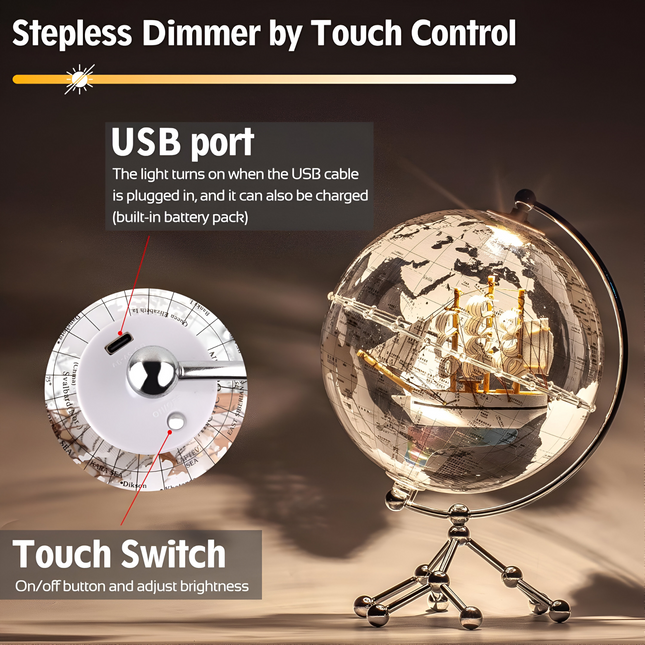 Transparent Illuminated World Globe with Sailboat – 8" Diameter Decorative Desktop Globe