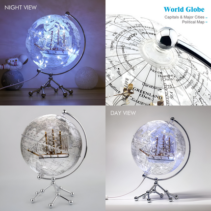 Transparent Illuminated World Globe with Sailboat – 8" Diameter Decorative Desktop Globe