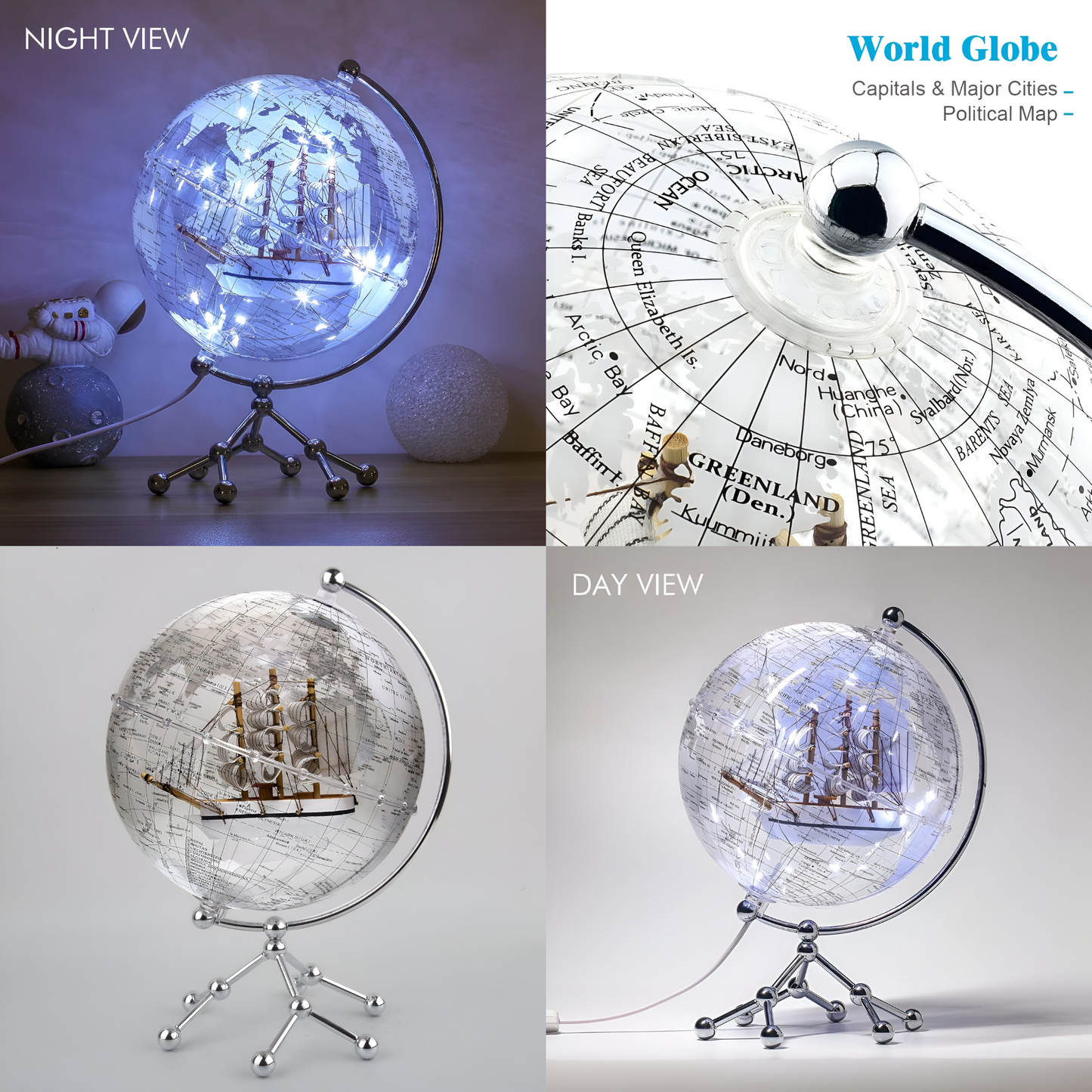 Transparent Illuminated World Globe with Sailboat – 8" Diameter Decorative Desktop Globe