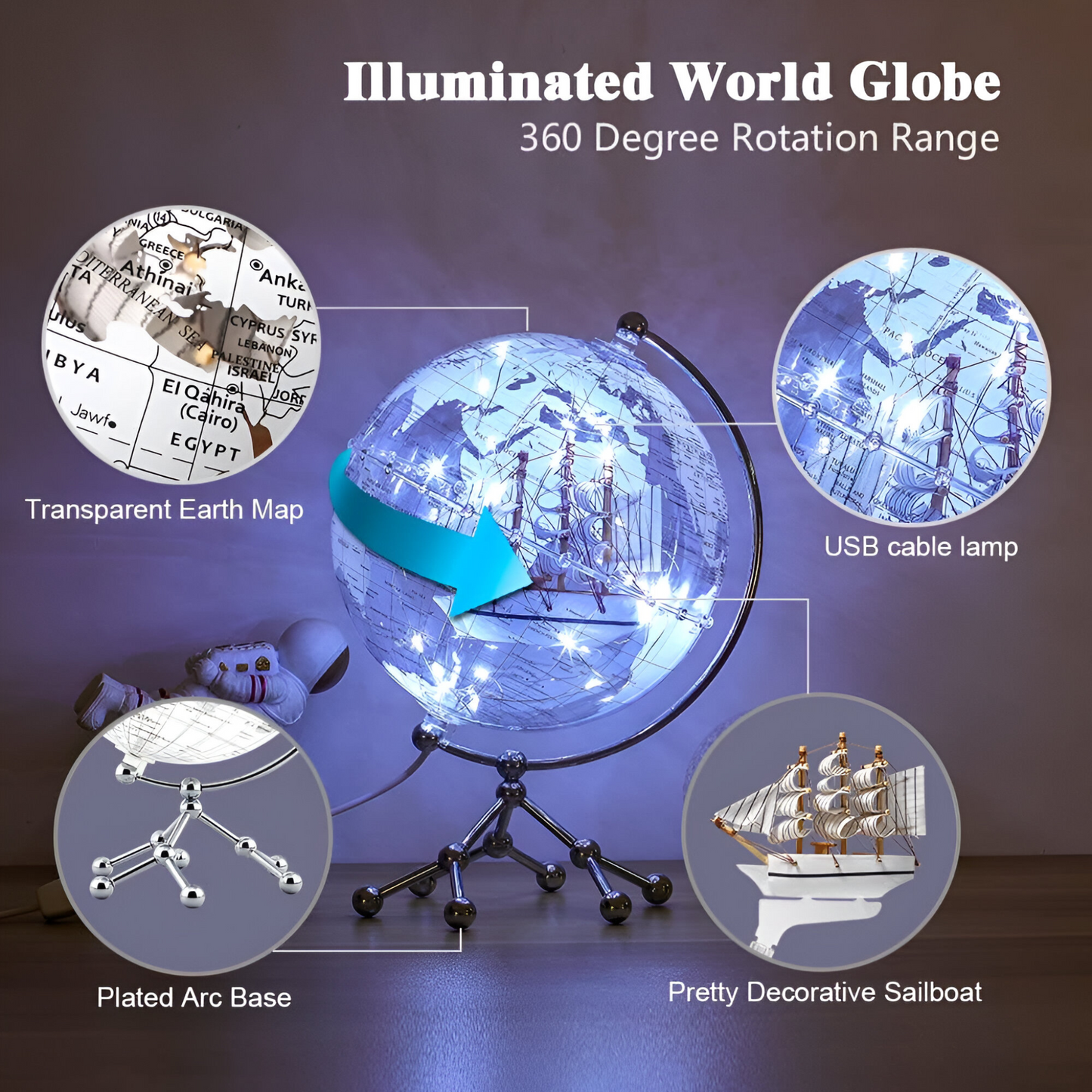 Transparent Illuminated World Globe with Sailboat – 8" Diameter Decorative Desktop Globe