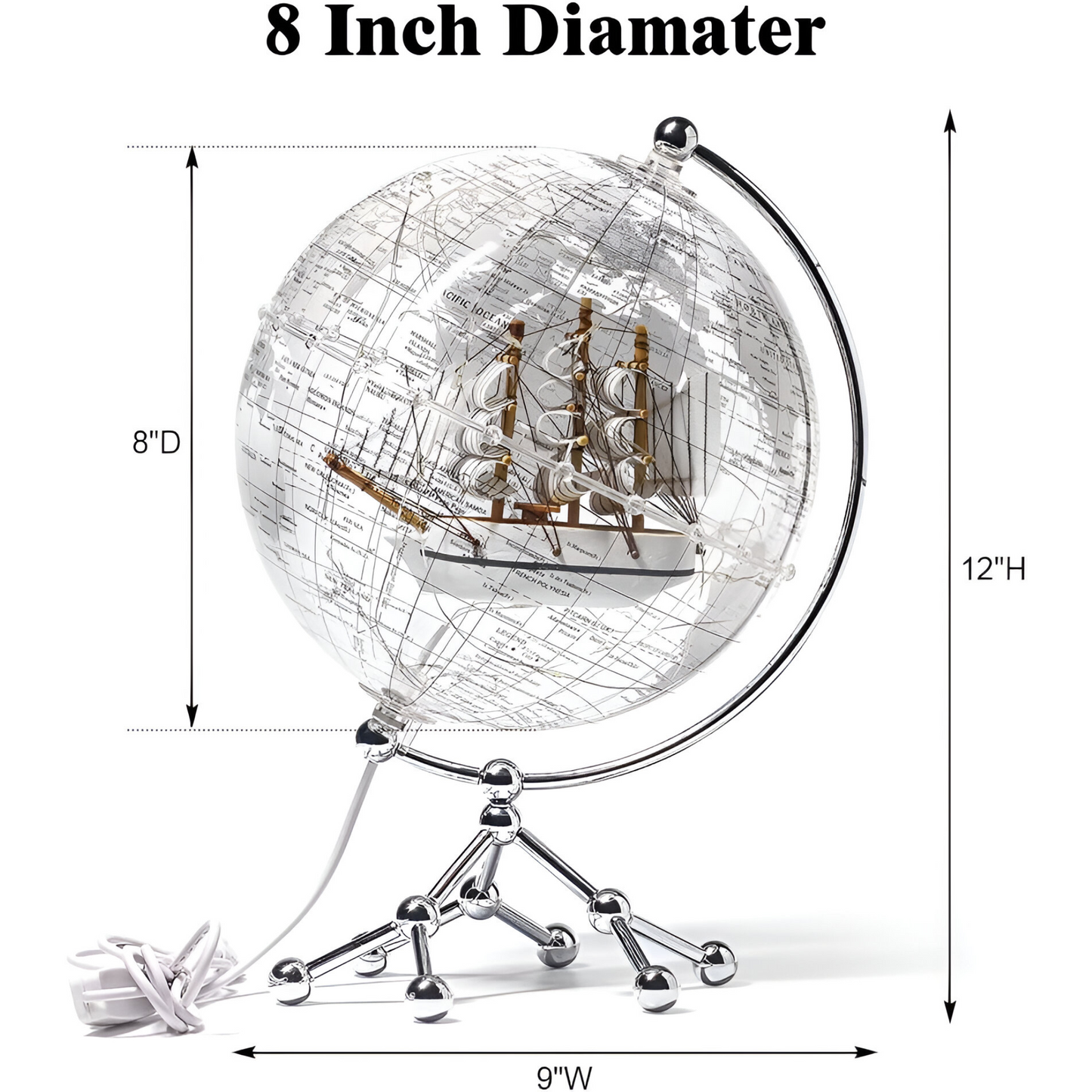 Transparent Illuminated World Globe with Sailboat – 8" Diameter Decorative Desktop Globe