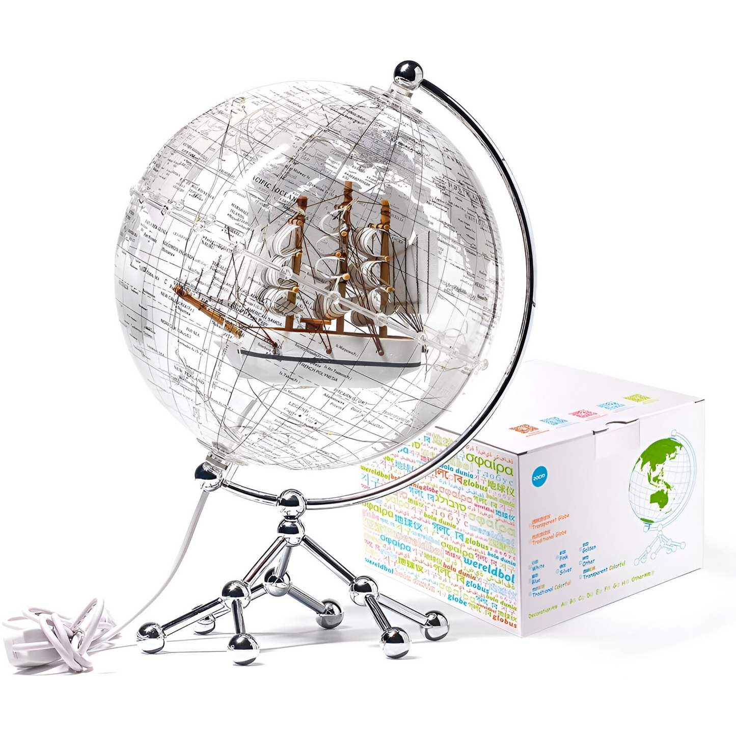 Transparent Illuminated World Globe with Sailboat – 8" Diameter Decorative Desktop Globe