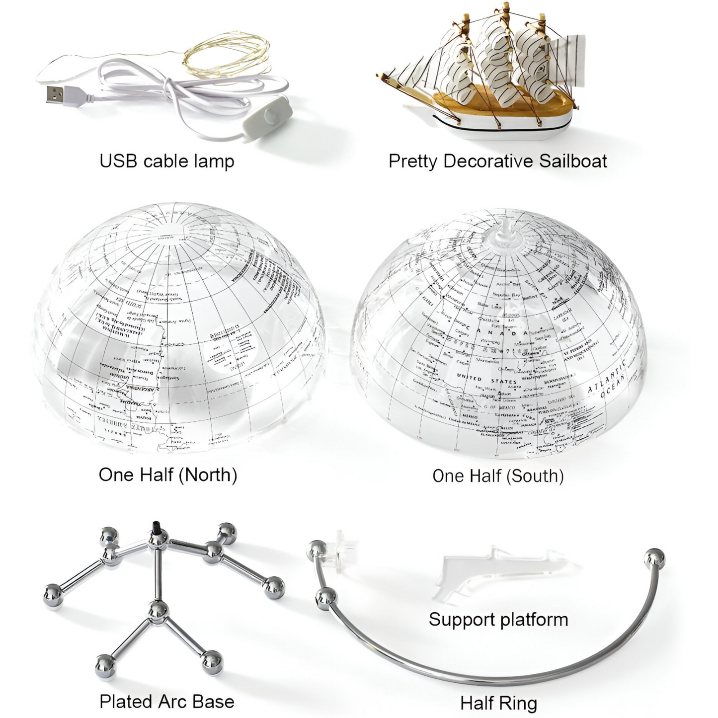 Transparent Illuminated World Globe with Sailboat – 8" Diameter Decorative Desktop Globe