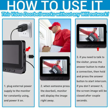 SMART HOME Wireless Video Doorbell 1080P HD | 4.3" Screen, Two-Way Audio, IP65 Waterproof, No WiFi Required