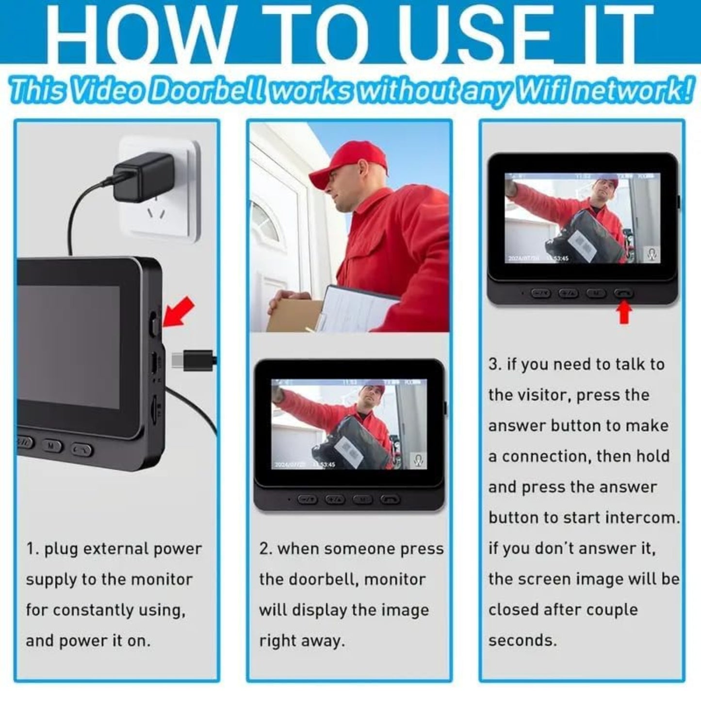 SMART HOME Wireless Video Doorbell 1080P HD | 4.3" Screen, Two-Way Audio, IP65 Waterproof, No WiFi Required