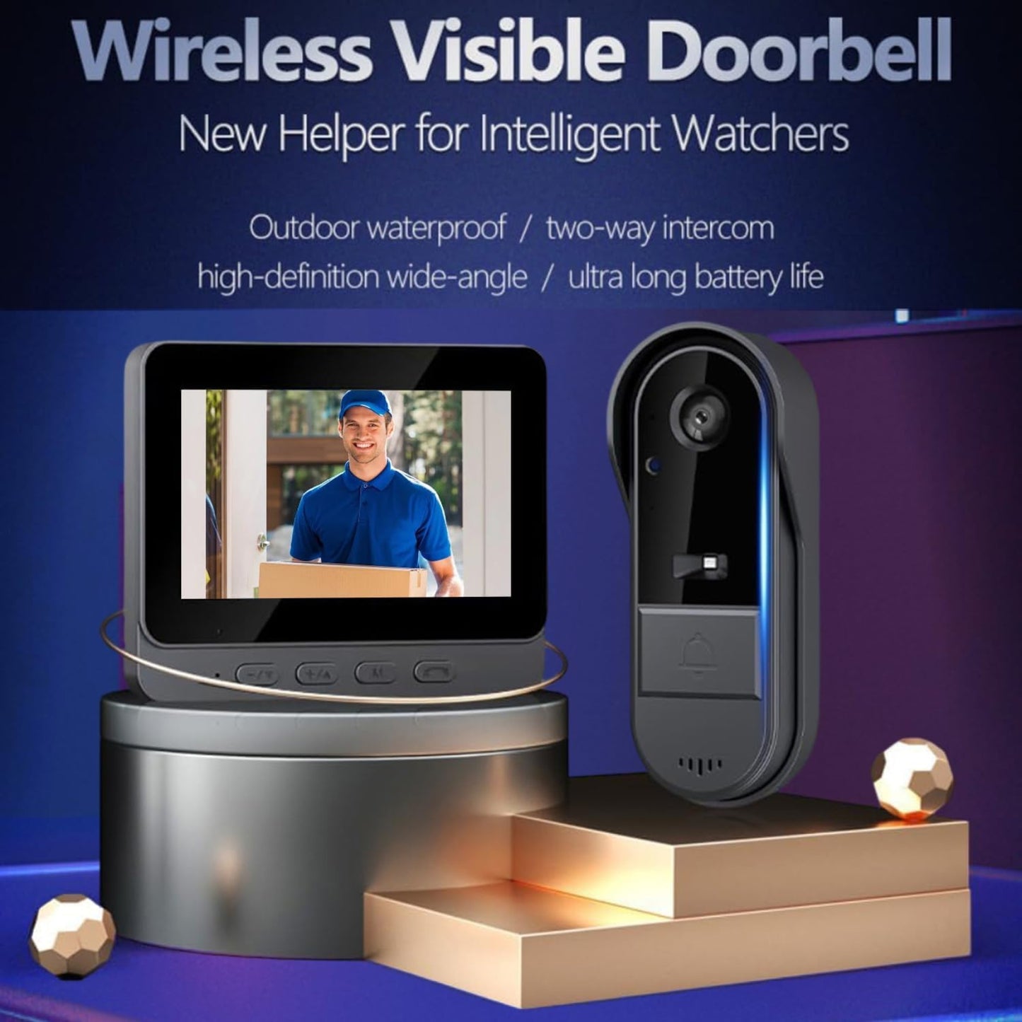 SMART HOME Wireless Video Doorbell 1080P HD | 4.3" Screen, Two-Way Audio, IP65 Waterproof, No WiFi Required