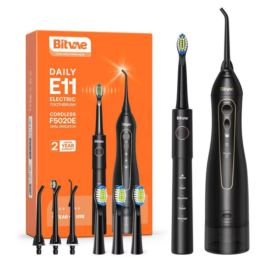 Bitvae E11-F5020E | 2-in-1 Electric Toothbrush & Cordless Water Flosser Combo | Rechargeable Waterproof Oral Care Kit with 5 Brush Modes, 3 Floss Modes, 4 Brush Heads & 4 Nozzles – Black