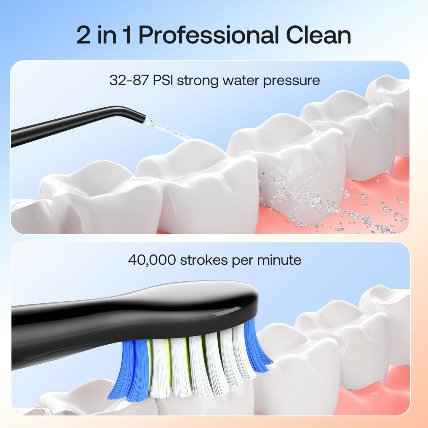 Bitvae E11-F5020E | 2-in-1 Electric Toothbrush & Cordless Water Flosser Combo | Rechargeable Waterproof Oral Care Kit with 5 Brush Modes, 3 Floss Modes, 4 Brush Heads & 4 Nozzles – Black