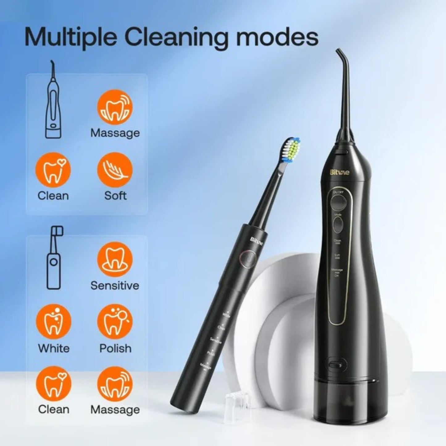 Bitvae E11-F5020E | 2-in-1 Electric Toothbrush & Cordless Water Flosser Combo | Rechargeable Waterproof Oral Care Kit with 5 Brush Modes, 3 Floss Modes, 4 Brush Heads & 4 Nozzles – Black