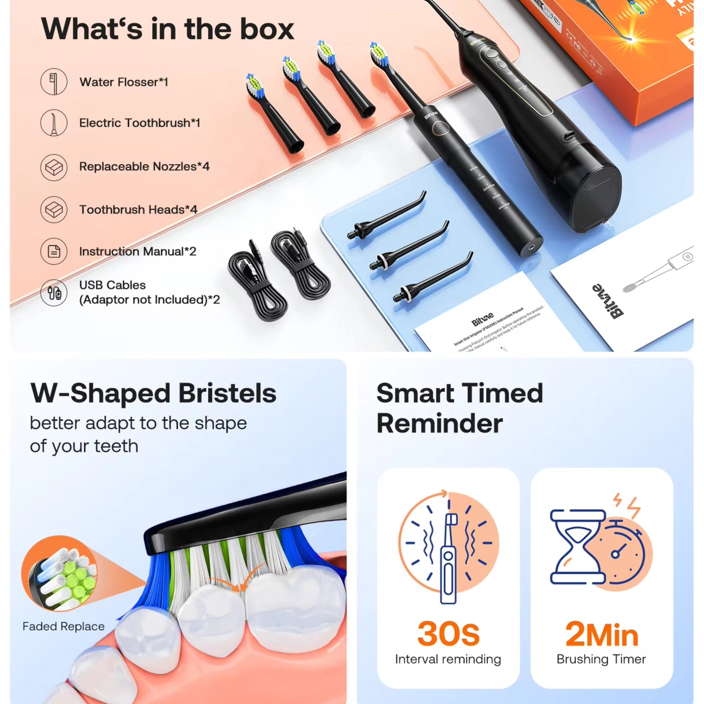 Bitvae E11-F5020E | 2-in-1 Electric Toothbrush & Cordless Water Flosser Combo | Rechargeable Waterproof Oral Care Kit with 5 Brush Modes, 3 Floss Modes, 4 Brush Heads & 4 Nozzles – Black
