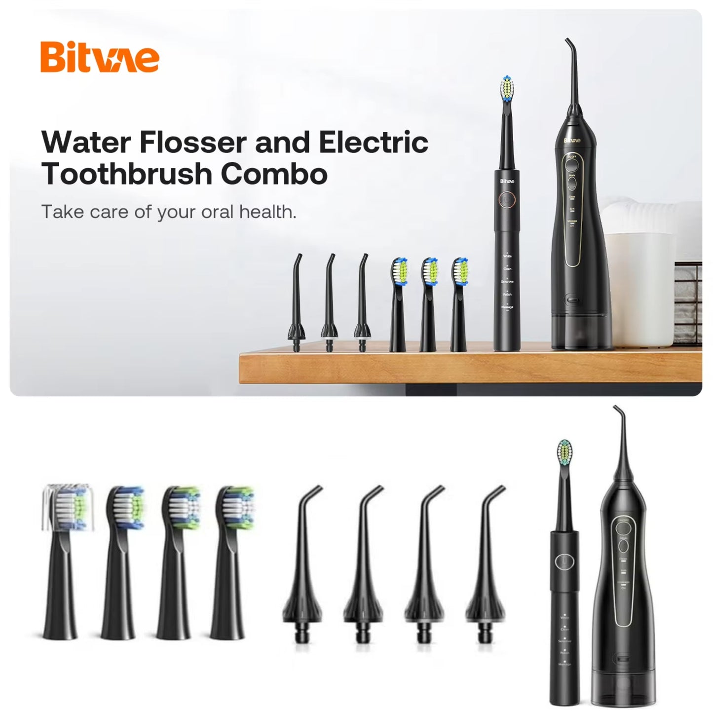 Bitvae E11-F5020E | 2-in-1 Electric Toothbrush & Cordless Water Flosser Combo | Rechargeable Waterproof Oral Care Kit with 5 Brush Modes, 3 Floss Modes, 4 Brush Heads & 4 Nozzles – Black