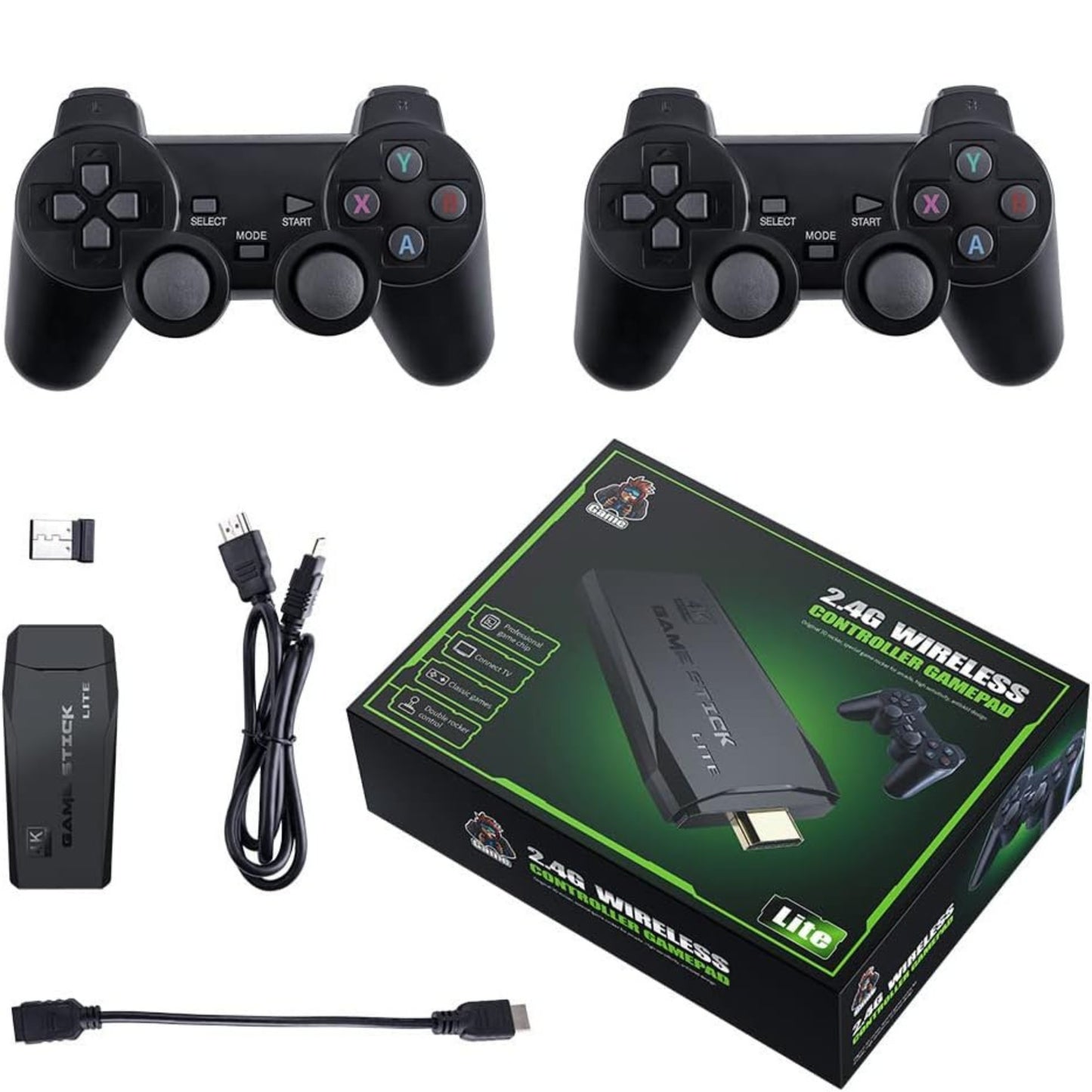 2.4G Wireless Retro Game Stick with Dual Gamepads | 4K HDMI Output | 25,000+ Built-in Games & 12 Classic Emulators