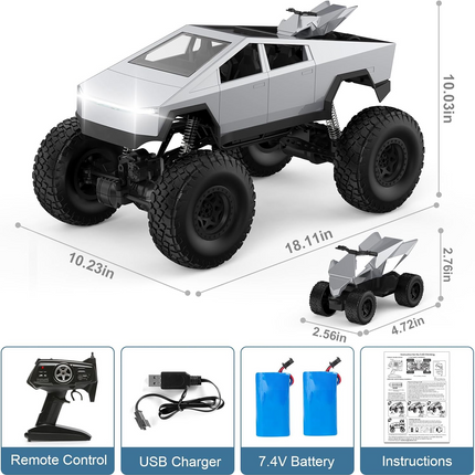 RC Cybertruck Monster Truck | 1:8 Scale, 4WD All-Terrain Vehicle with LED Lights and 2 Rechargeable Batteries