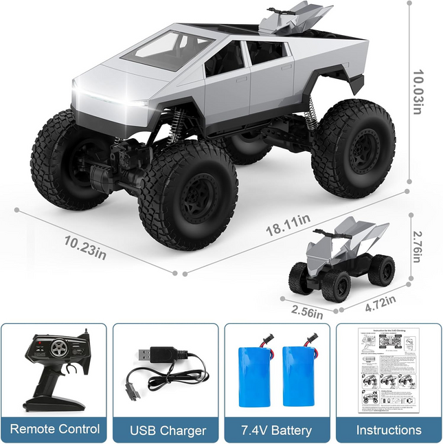 RC Cybertruck Monster Truck | 1:8 Scale, 4WD All-Terrain Vehicle with LED Lights and 2 Rechargeable Batteries