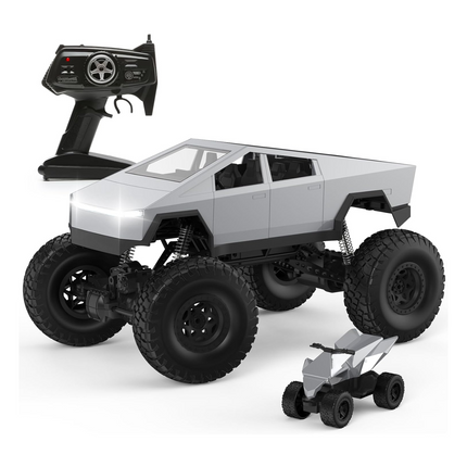 RC Cybertruck Monster Truck | 1:8 Scale, 4WD All-Terrain Vehicle with LED Lights and 2 Rechargeable Batteries