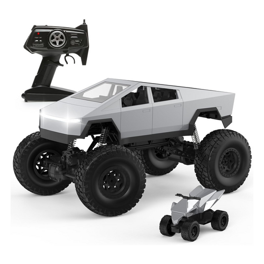 RC Cybertruck Monster Truck | 1:8 Scale, 4WD All-Terrain Vehicle with LED Lights and 2 Rechargeable Batteries