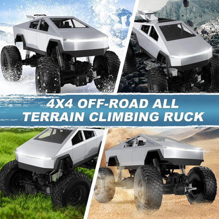 RC Cybertruck Monster Truck | 1:8 Scale, 4WD All-Terrain Vehicle with LED Lights and 2 Rechargeable Batteries