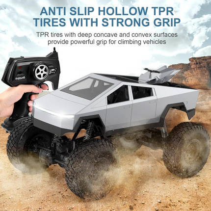RC Cybertruck Monster Truck | 1:8 Scale, 4WD All-Terrain Vehicle with LED Lights and 2 Rechargeable Batteries