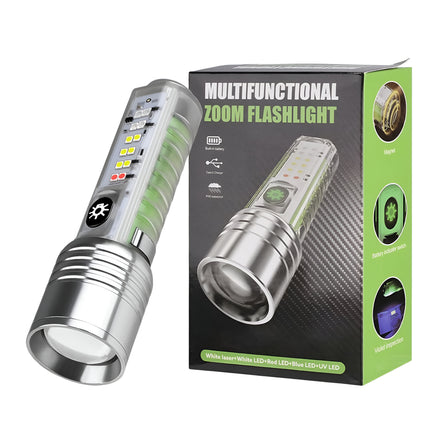 Multifunctional Zoom Flashlight | Rechargeable Zoomable Torch with 8 Modes, Solar & Type-C Fast Charging