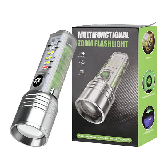 Multifunctional Zoom Flashlight | Rechargeable Zoomable Torch with 8 Modes, Solar & Type-C Fast Charging