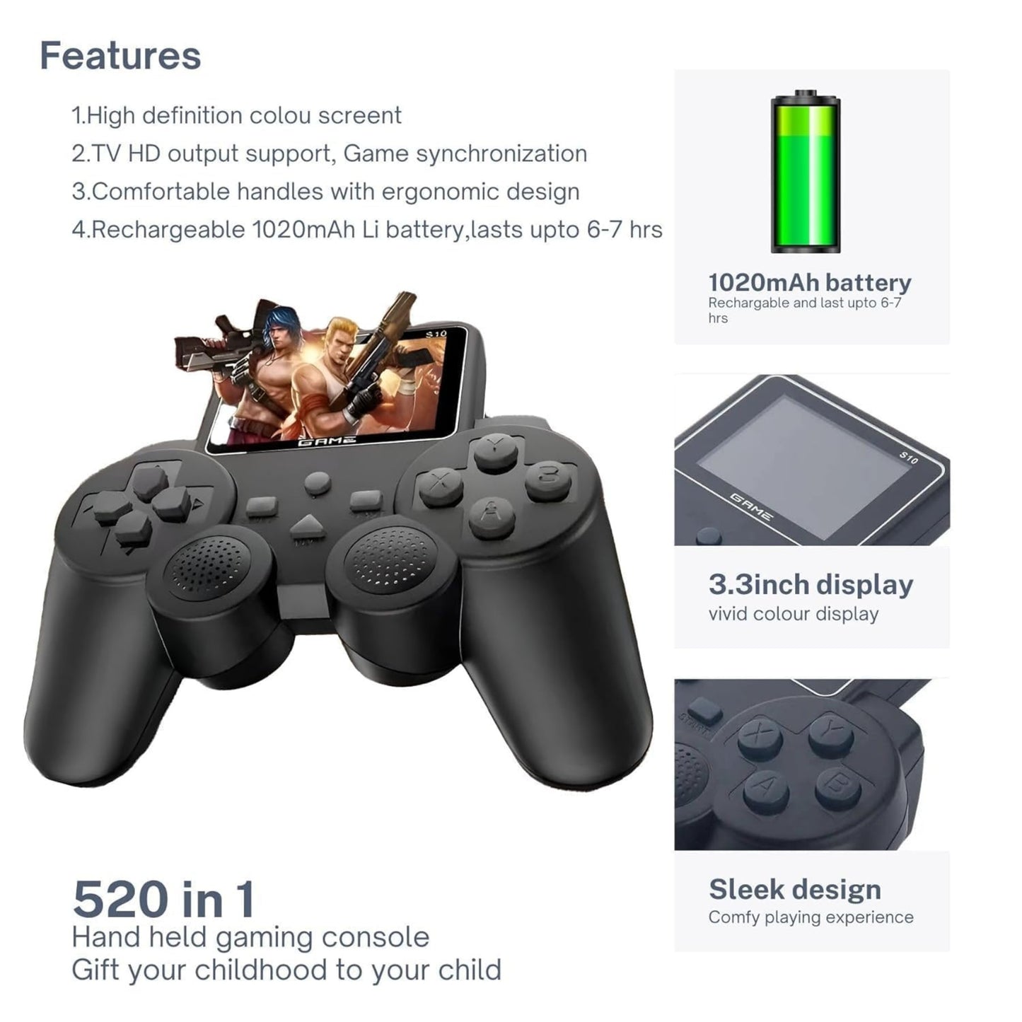 S10 Gamepad Controller | 520 in 1 Digital Handheld Game Player with HD Screen & TV Connection