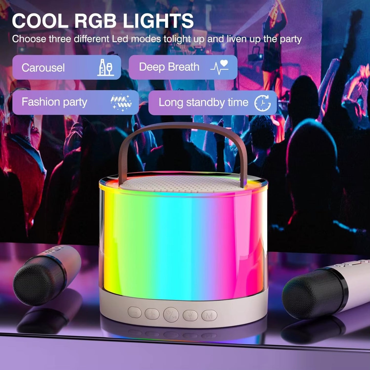 K52 RGB Light Karaoke Machine with 2 Wireless Mics | Smart Portable Bluetooth 5.3 Speaker with Hi-Fi Sound & LED Lights