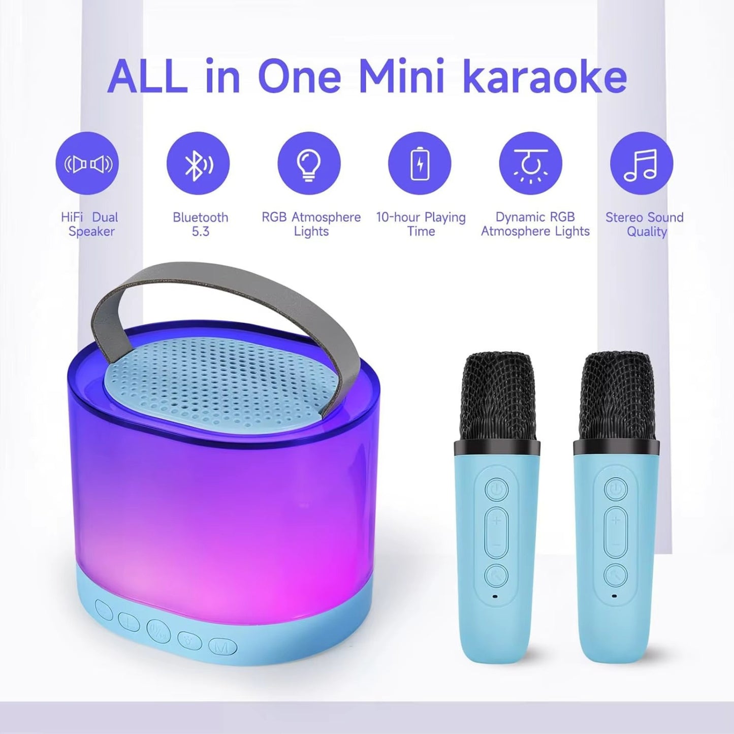 K52 RGB Light Karaoke Machine with 2 Wireless Mics | Smart Portable Bluetooth 5.3 Speaker with Hi-Fi Sound & LED Lights