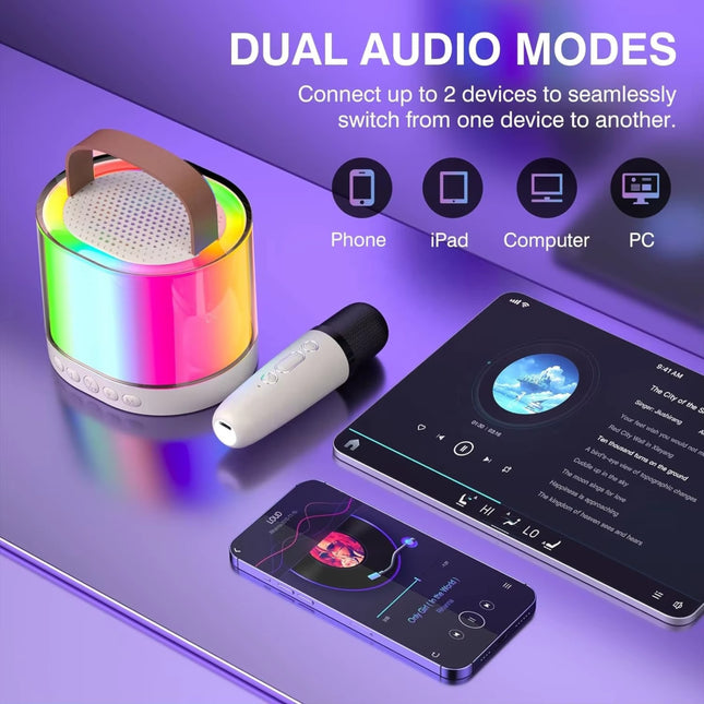 K52 RGB Light Karaoke Machine with 2 Wireless Mics | Smart Portable Bluetooth 5.3 Speaker with Hi-Fi Sound & LED Lights