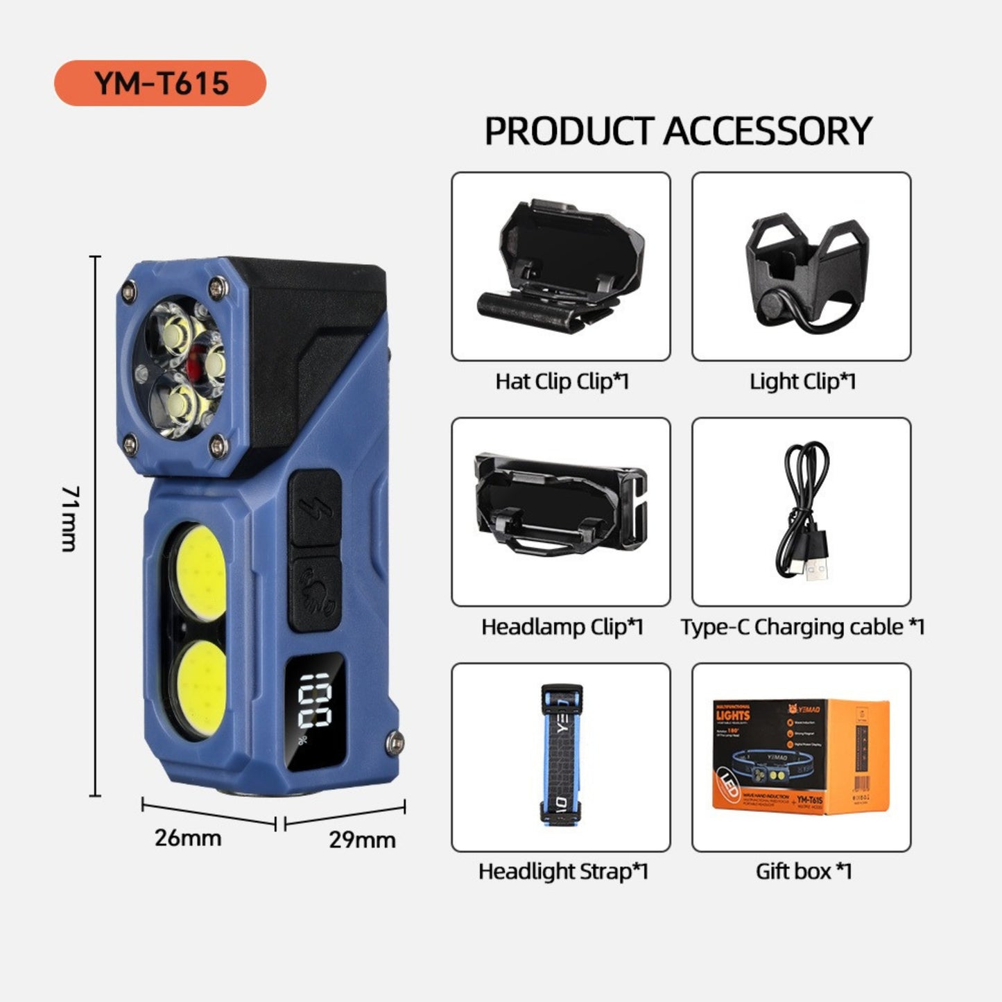 YEMAO T615 Mini Flashlight – Rechargeable EDC Light with 180° Rotating Head, Magnetic Base & Hands-Free Motion Sensor