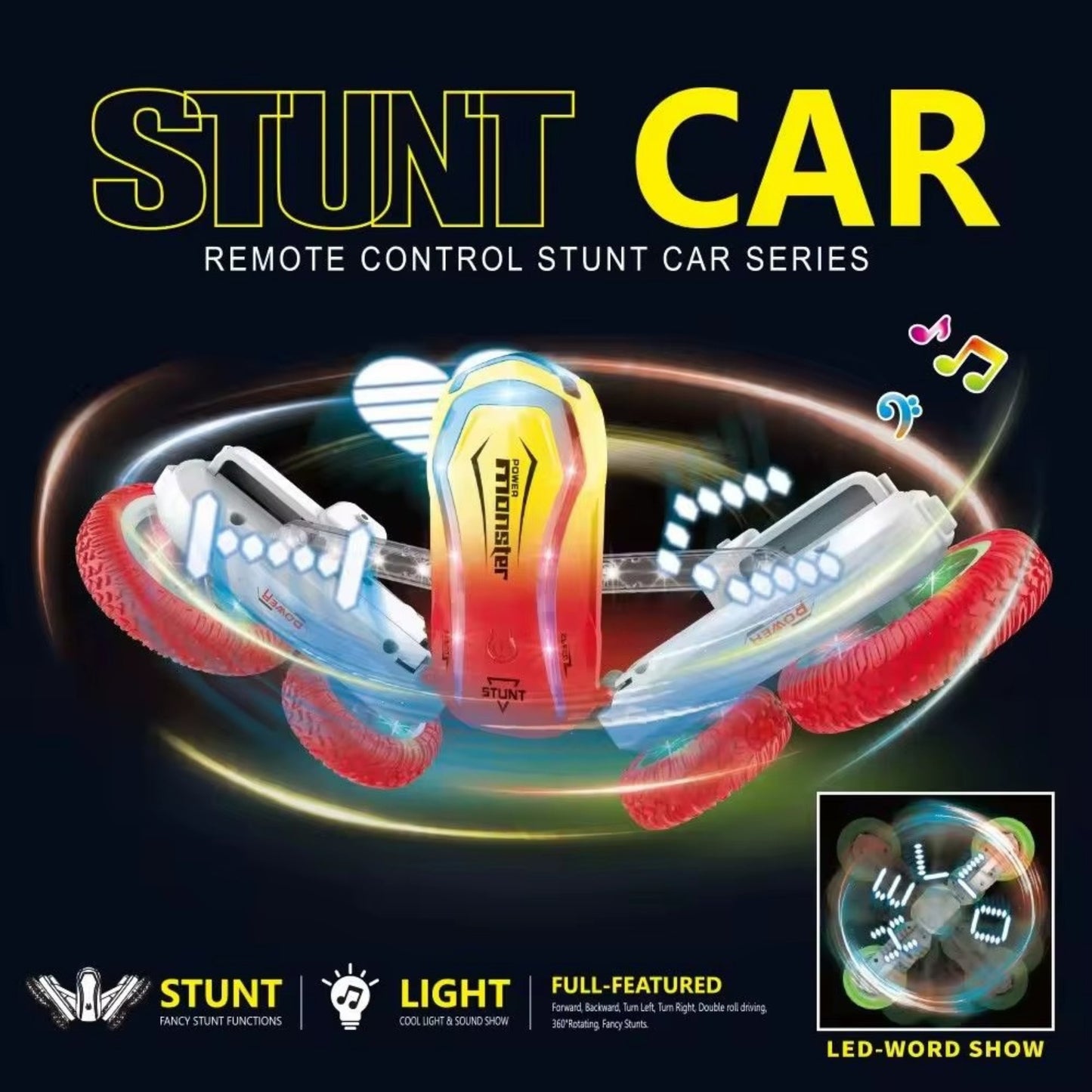 Stunt Car LED Word Show 360° Spinning RC Car with Music & Lights | Rechargeable Remote Control Car for Kids