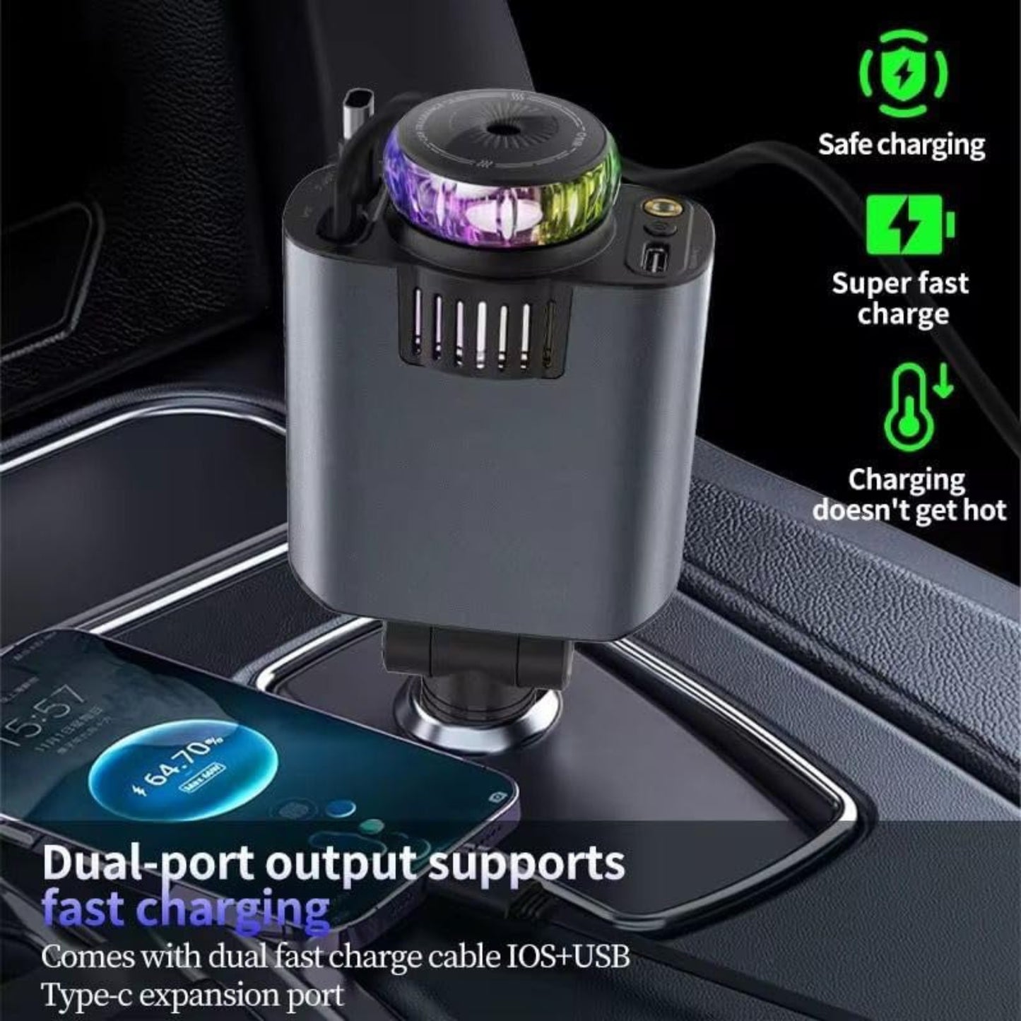 Starlight 5-in-1 Retractable Car Charger | 45W Fast Charging with LED Light & Built-in Air Freshener | Universal USB-C & iOS Compatibility