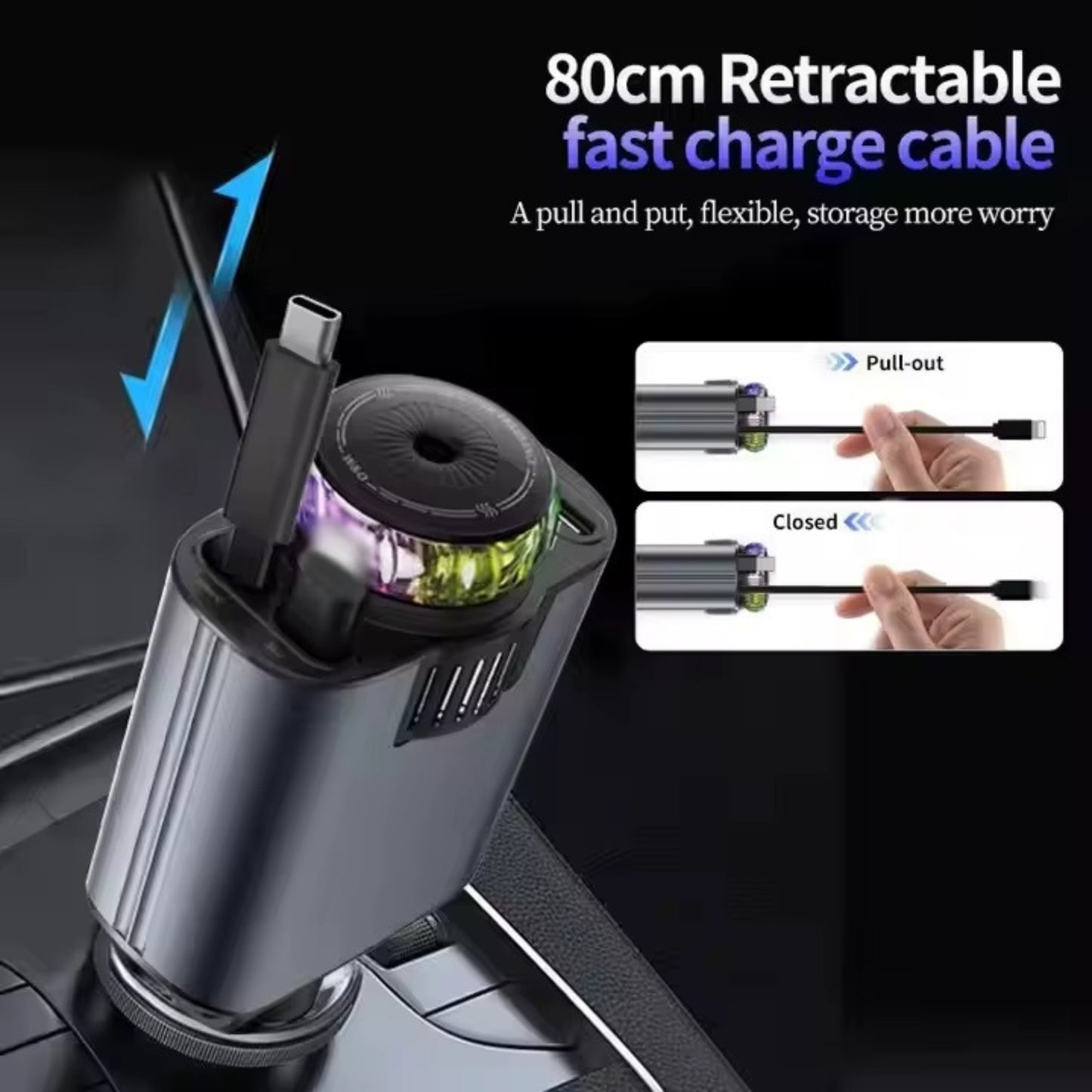 Starlight 5-in-1 Retractable Car Charger | 45W Fast Charging with LED Light & Built-in Air Freshener | Universal USB-C & iOS Compatibility