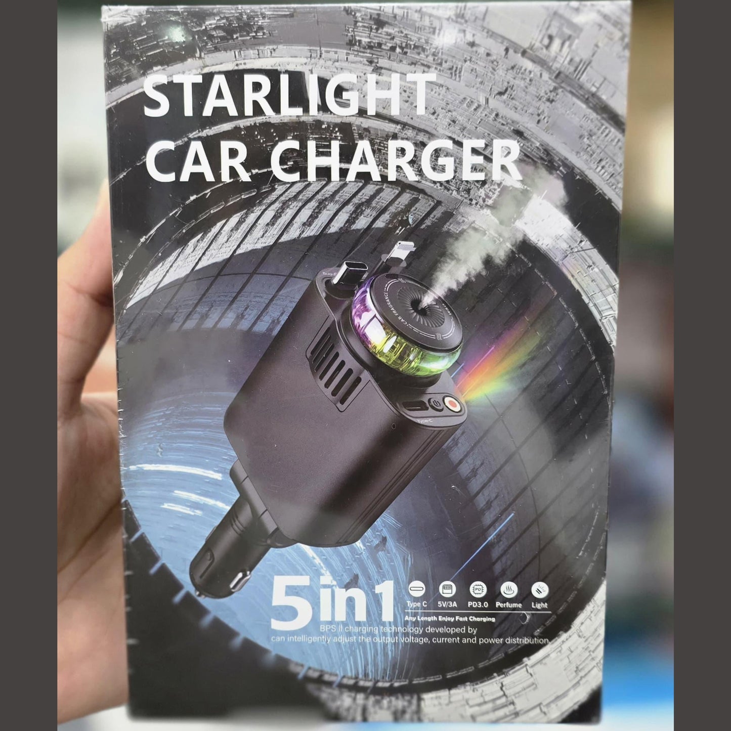 Starlight 5-in-1 Retractable Car Charger | 45W Fast Charging with LED Light & Built-in Air Freshener | Universal USB-C & iOS Compatibility