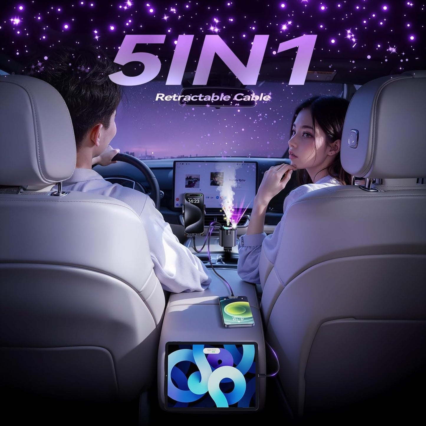 Starlight 5-in-1 Retractable Car Charger | 45W Fast Charging with LED Light & Built-in Air Freshener | Universal USB-C & iOS Compatibility