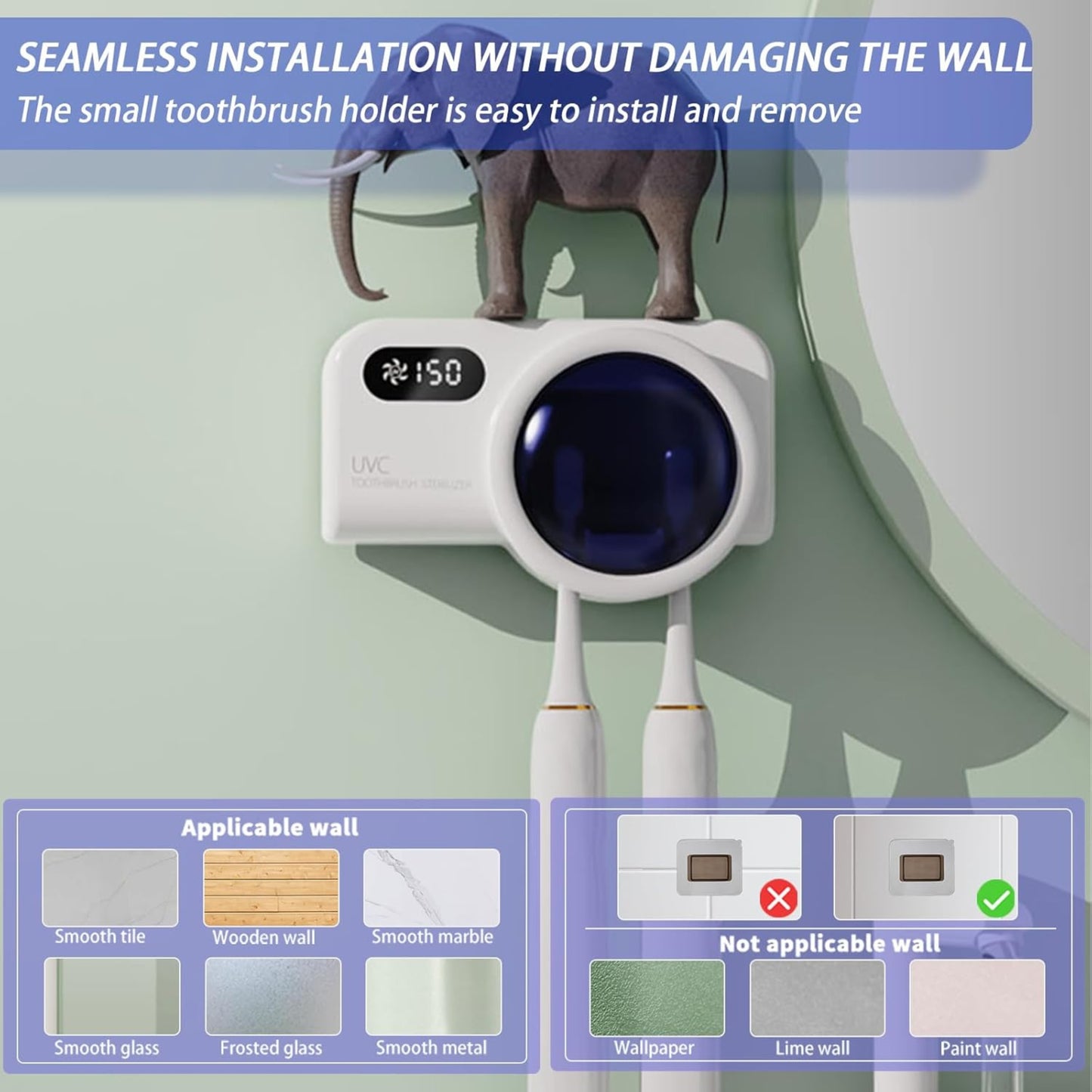 Smart UV Toothbrush Sterilizer with Quick Drying Fan & Automatic Toothpaste Dispenser | Wall Mounted Toothbrush Holder with Digital Display & Rechargeable Battery