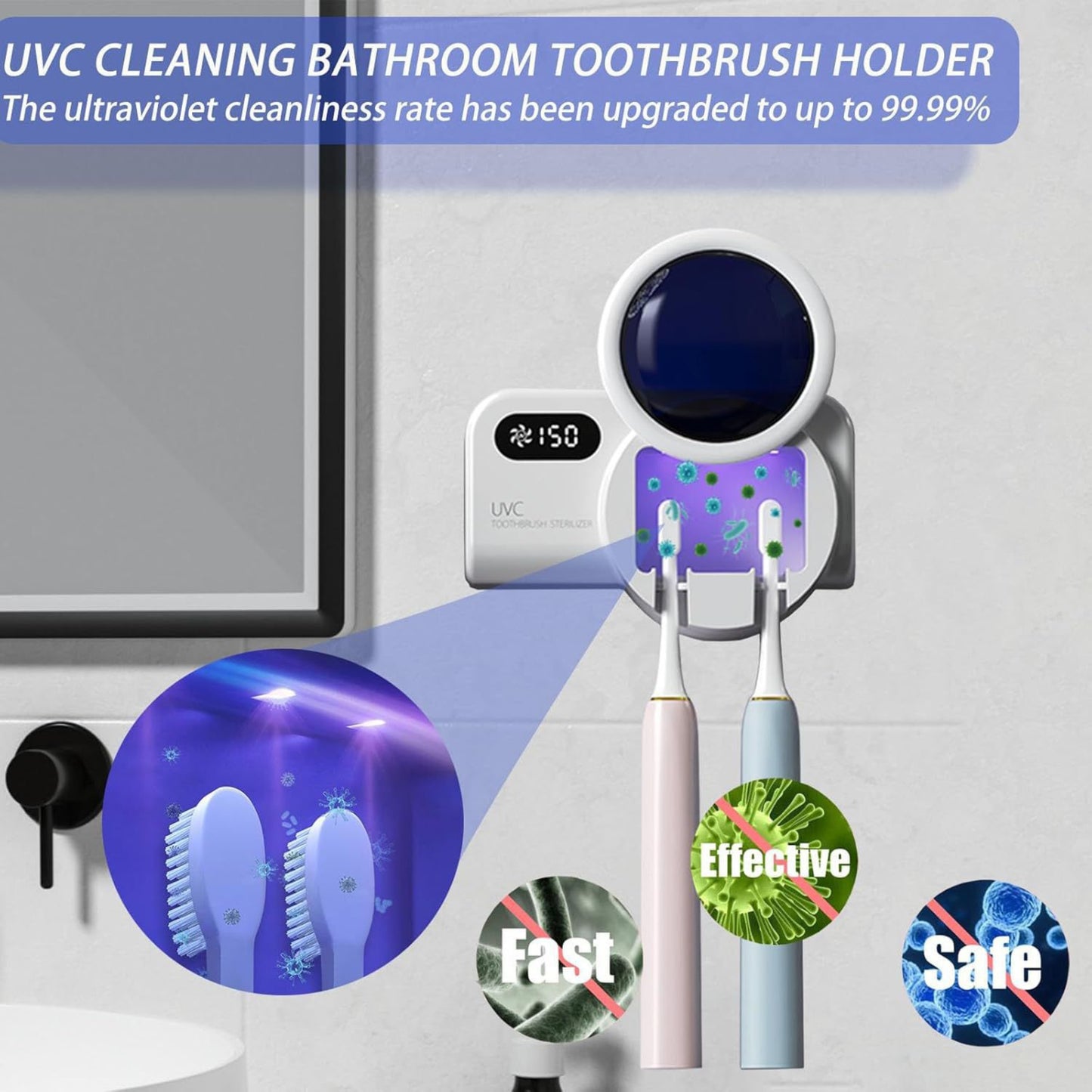 Smart UV Toothbrush Sterilizer with Quick Drying Fan & Automatic Toothpaste Dispenser | Wall Mounted Toothbrush Holder with Digital Display & Rechargeable Battery