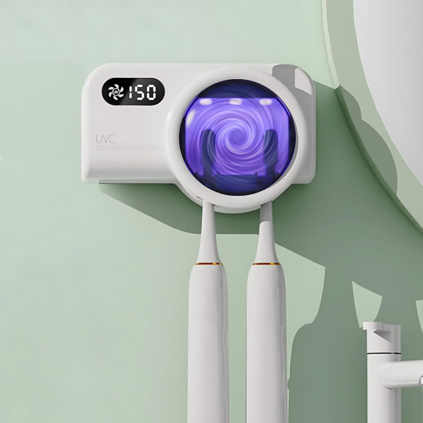Smart UV Toothbrush Sterilizer with Quick Drying Fan & Automatic Toothpaste Dispenser | Wall Mounted Toothbrush Holder with Digital Display & Rechargeable Battery