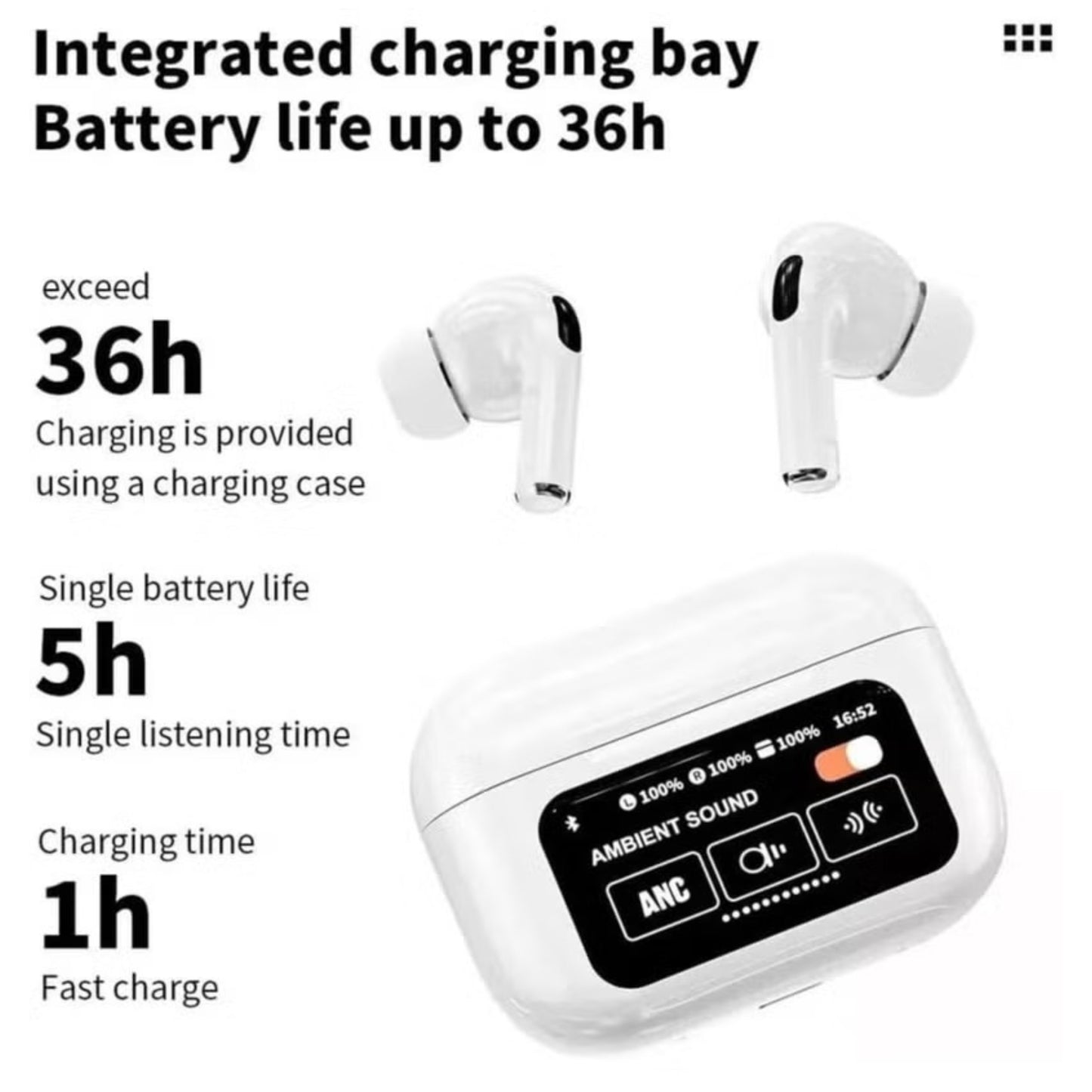 A9 Pro AirPods | ANC/ENC Double Dark Noise Reduction Touch Control Bluetooth Earbuds with LCD Display