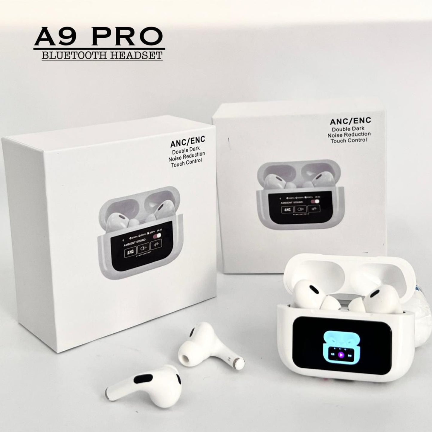 A9 Pro AirPods | ANC/ENC Double Dark Noise Reduction Touch Control Bluetooth Earbuds with LCD Display