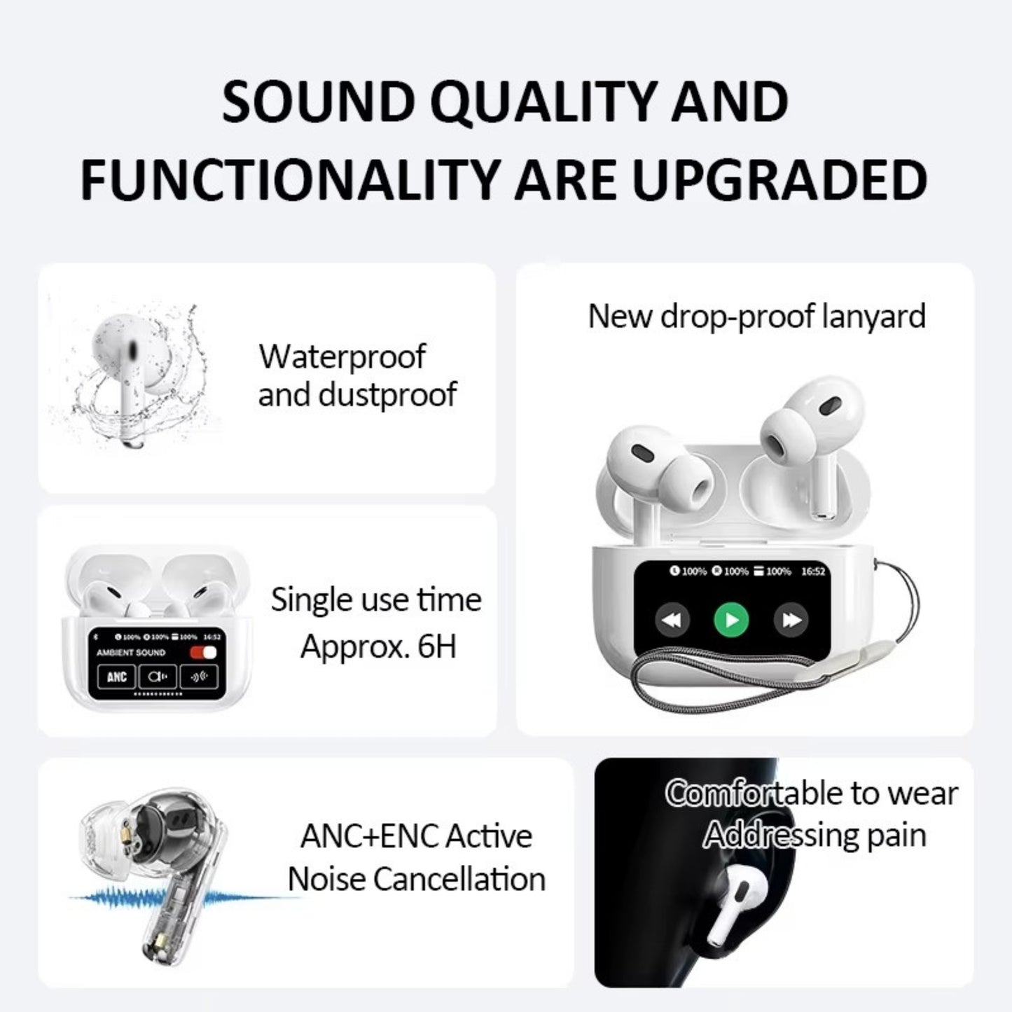 A9 Pro AirPods | ANC/ENC Double Dark Noise Reduction Touch Control Bluetooth Earbuds with LCD Display