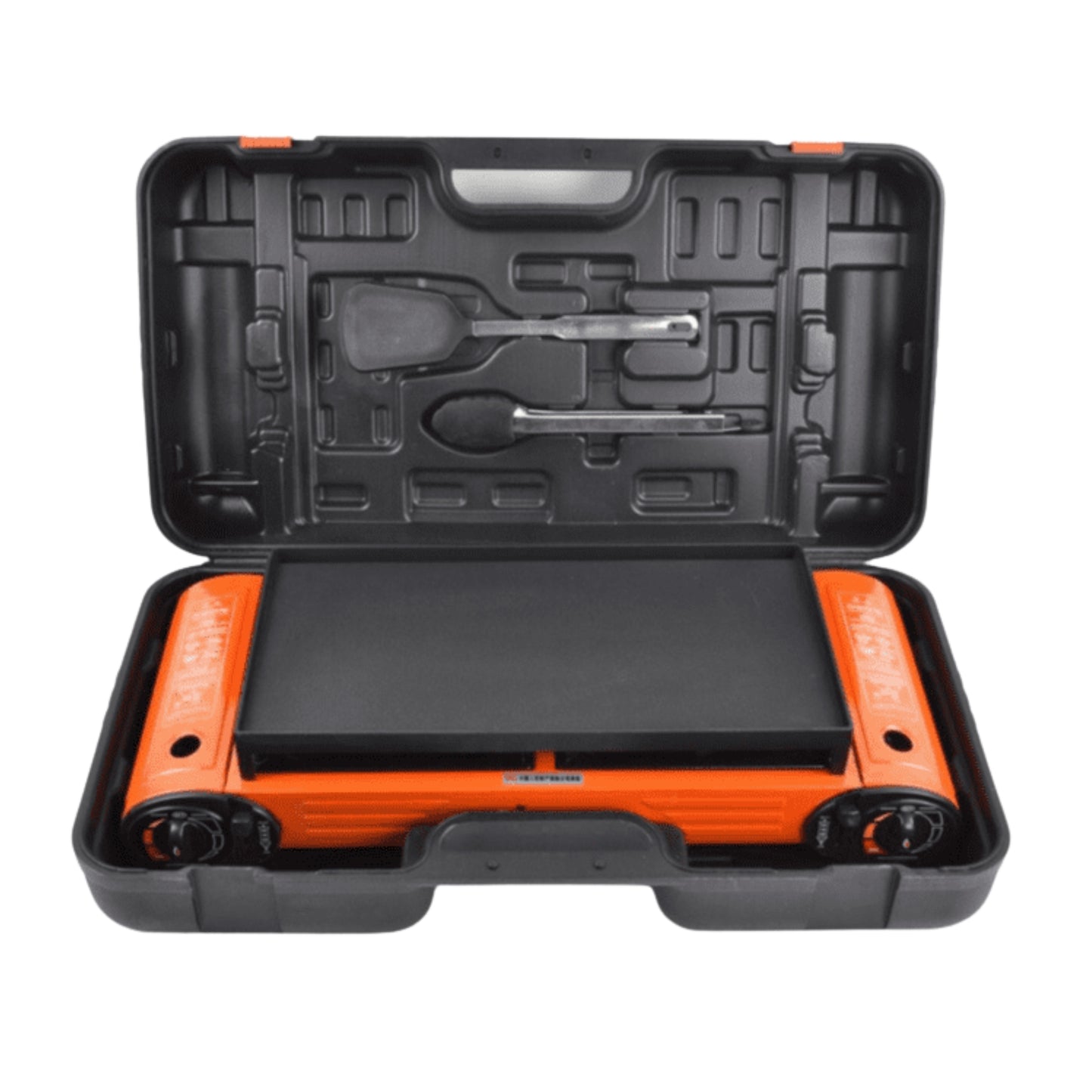 Double Burner Camping Stove with BBQ Grill Tray & Cast Iron Hotplate – Portable Gas Stove with Automatic Ignition & Adjustable Heat Control