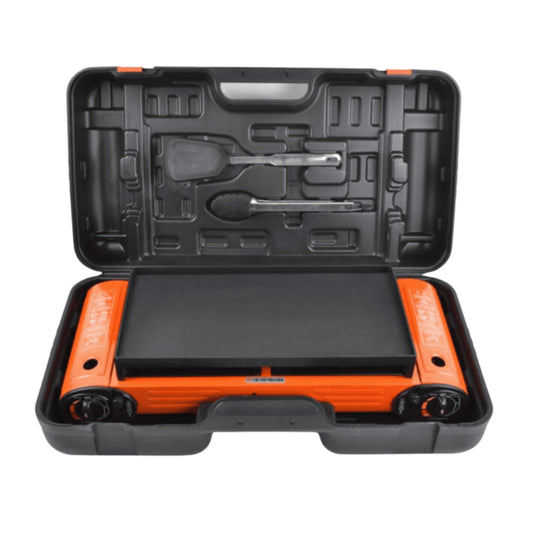 Double Burner Camping Stove with BBQ Grill Tray & Cast Iron Hotplate – Portable Gas Stove with Automatic Ignition & Adjustable Heat Control