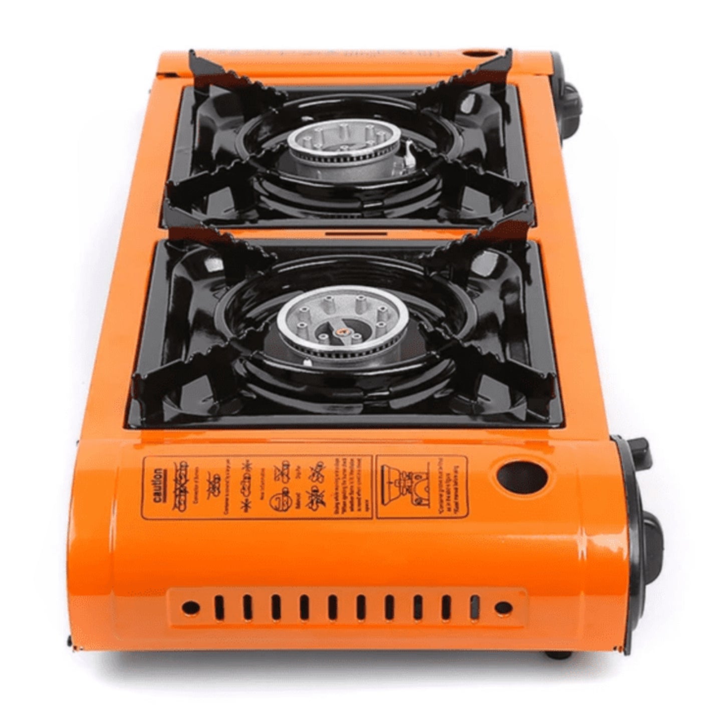 Double Burner Camping Stove with BBQ Grill Tray & Cast Iron Hotplate – Portable Gas Stove with Automatic Ignition & Adjustable Heat Control