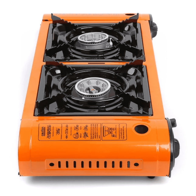 Double Burner Camping Stove with BBQ Grill Tray & Cast Iron Hotplate – Portable Gas Stove with Automatic Ignition & Adjustable Heat Control