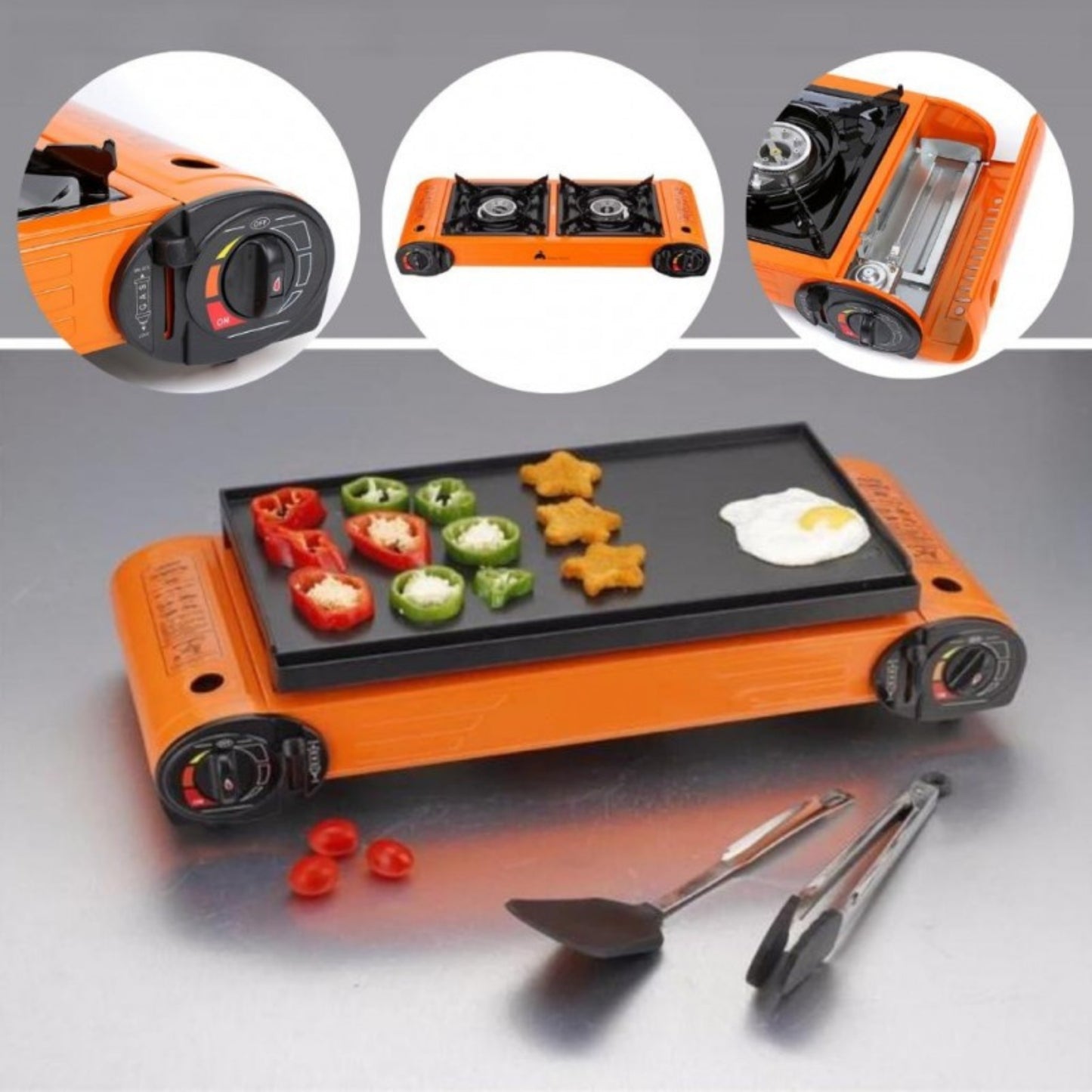 Double Burner Camping Stove with BBQ Grill Tray & Cast Iron Hotplate – Portable Gas Stove with Automatic Ignition & Adjustable Heat Control