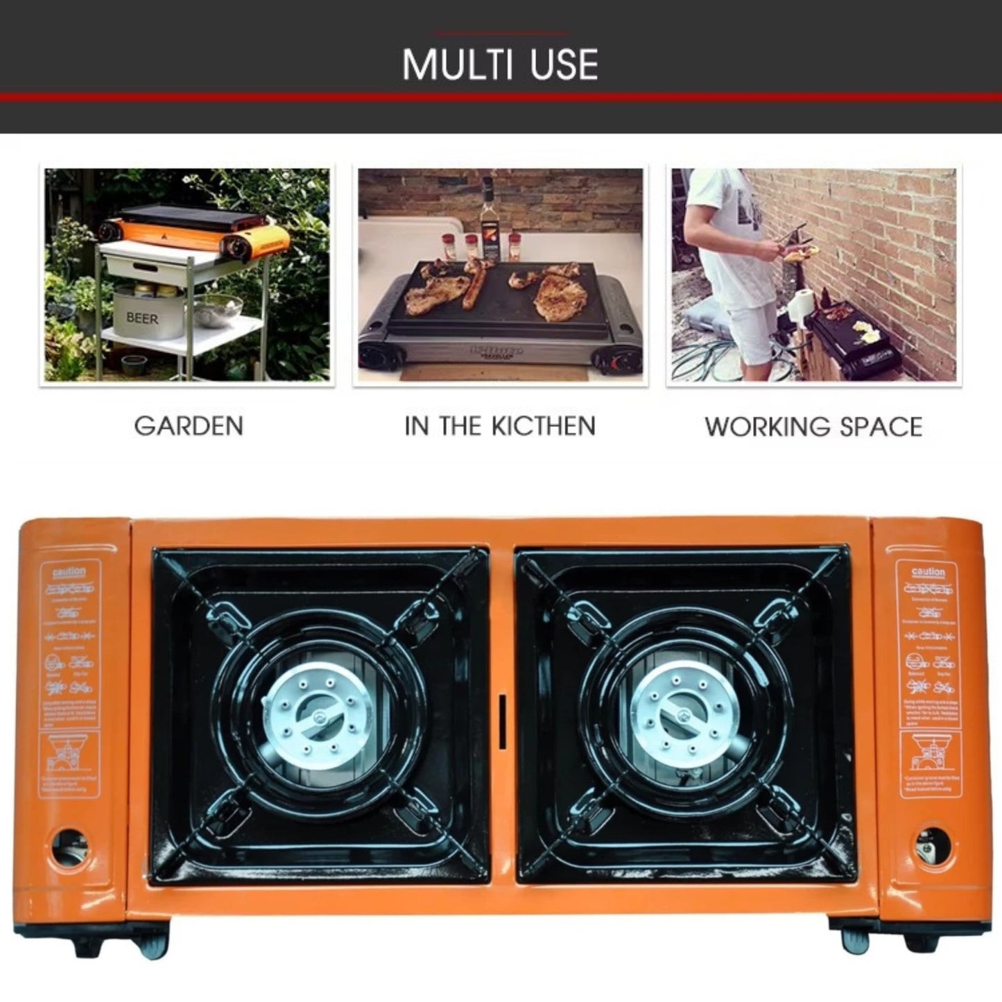 Double Burner Camping Stove with BBQ Grill Tray & Cast Iron Hotplate – Portable Gas Stove with Automatic Ignition & Adjustable Heat Control