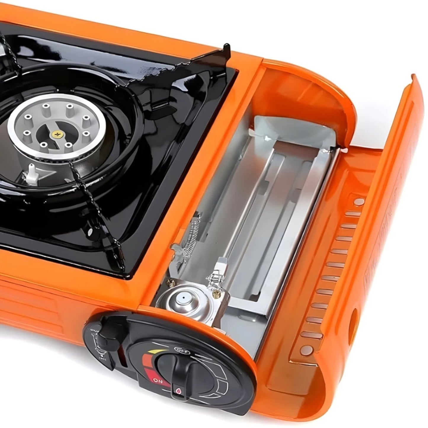 Double Burner Camping Stove with BBQ Grill Tray & Cast Iron Hotplate – Portable Gas Stove with Automatic Ignition & Adjustable Heat Control