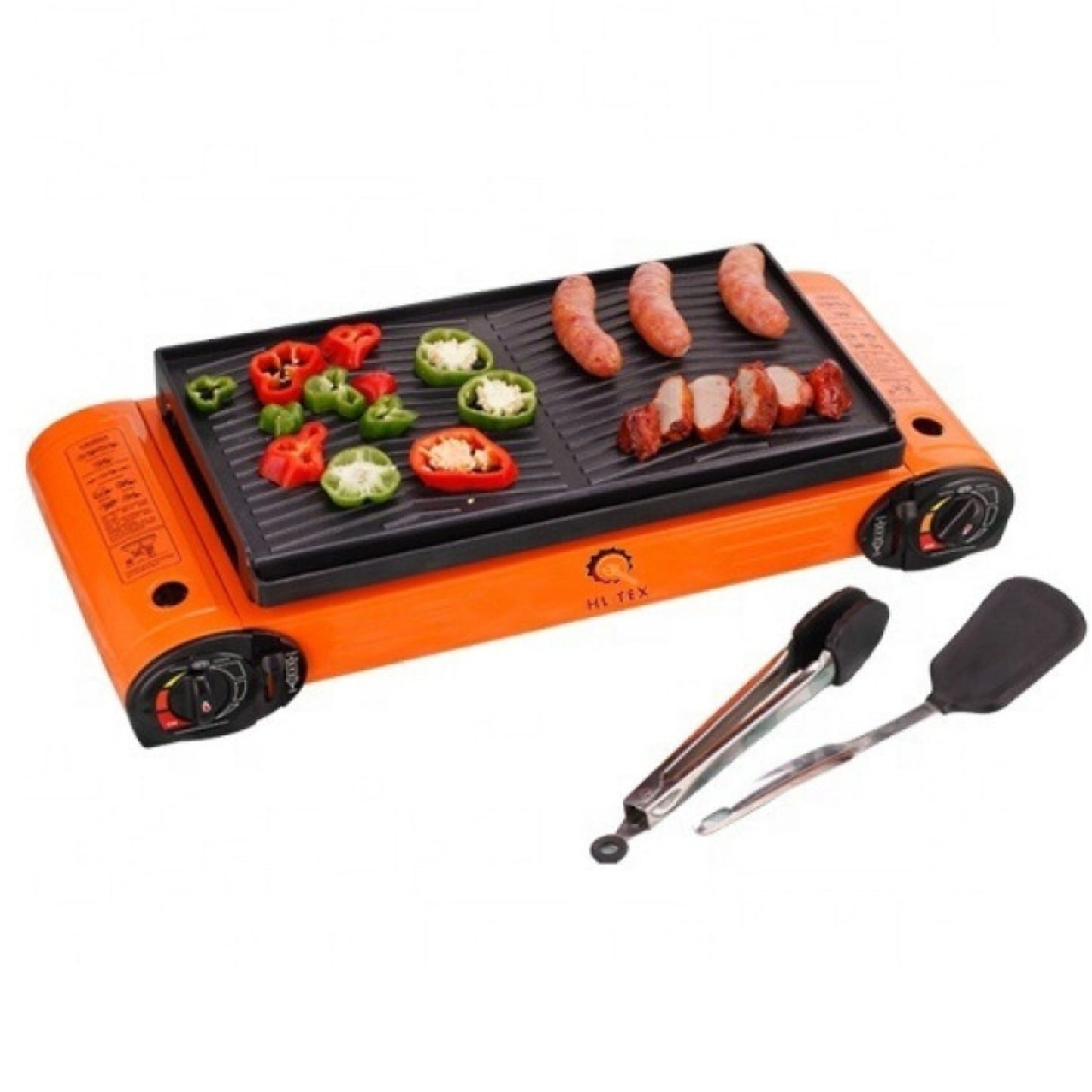 Double Burner Camping Stove with BBQ Grill Tray & Cast Iron Hotplate – Portable Gas Stove with Automatic Ignition & Adjustable Heat Control