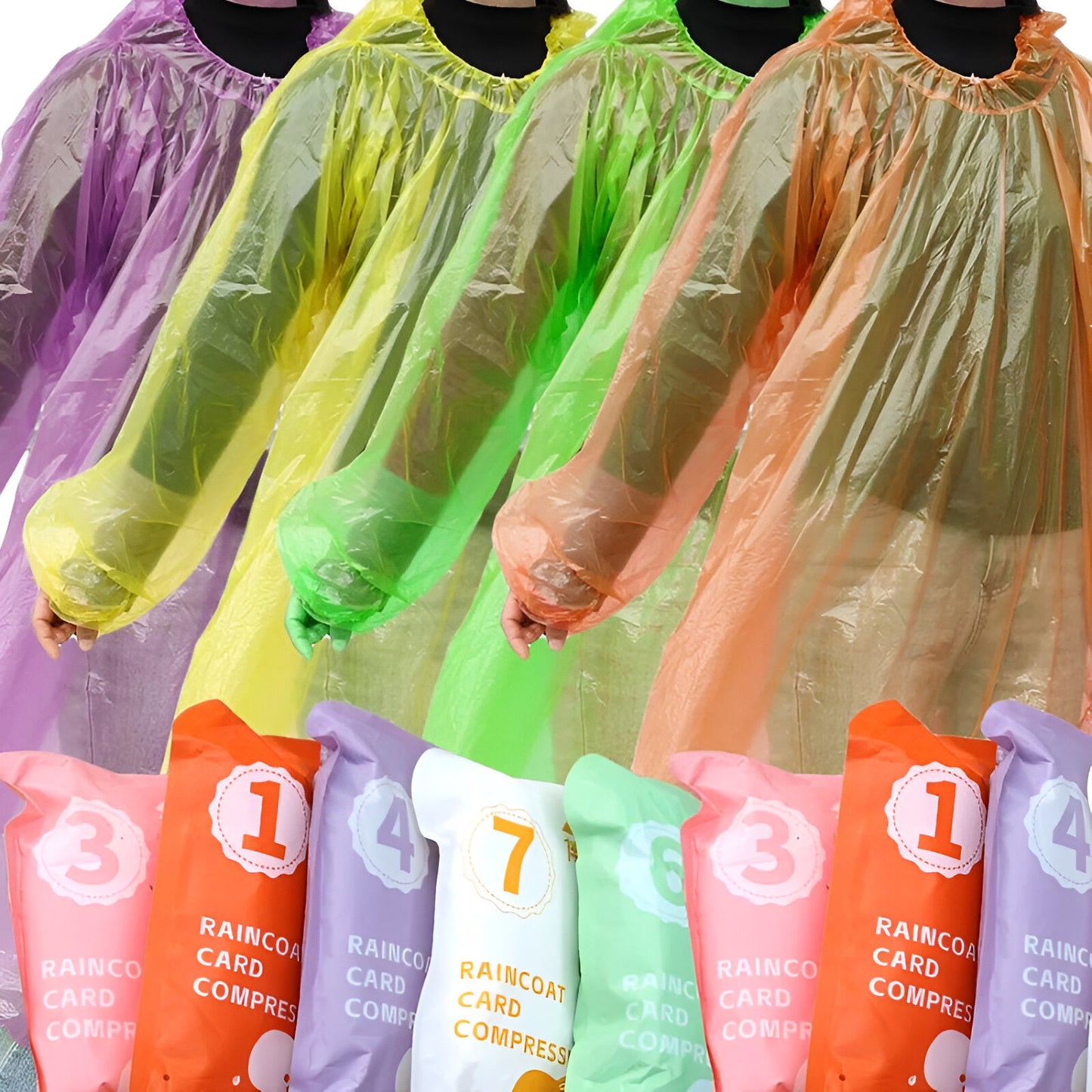 7 Colour Pack Of Disposable Rain Ponchos with Drawstring Hood – Waterproof Emergency Raincoats for Adults – Portable, Lightweight & Eco-Friendly