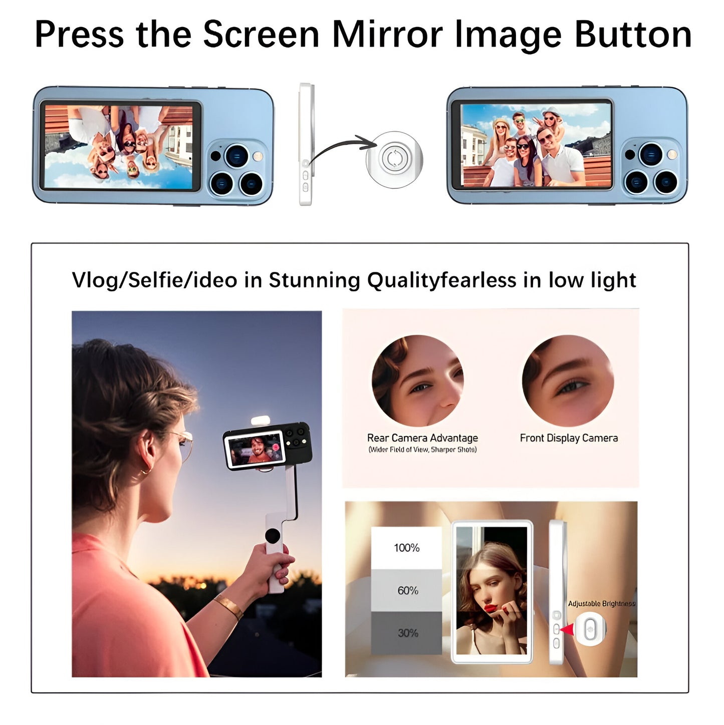 Magnetic Selfie Monitor Screen for Smartphones – Real-Time Rear Camera View for Vlogs, Selfies, and Live Streaming